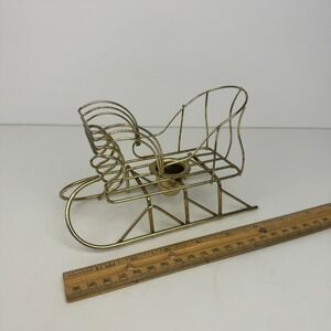 Vtg Gold Wire Single‎ Candlestick Hold Santa Sleigh Sled Christmas Tabletop READ